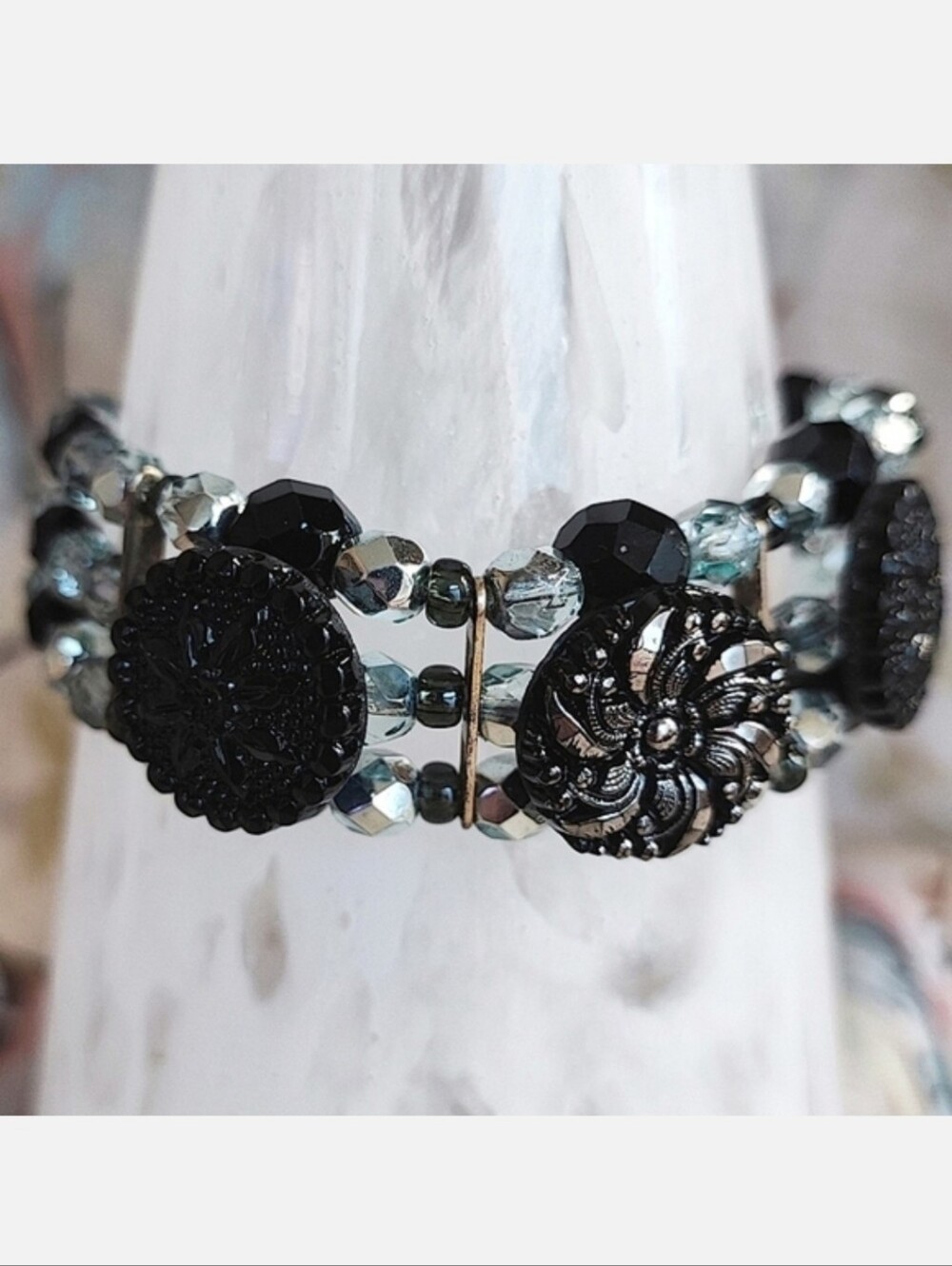 Glass Button Icy Blue Beaded Silver Tone Triple Strand Toggle Clasp Bracelet